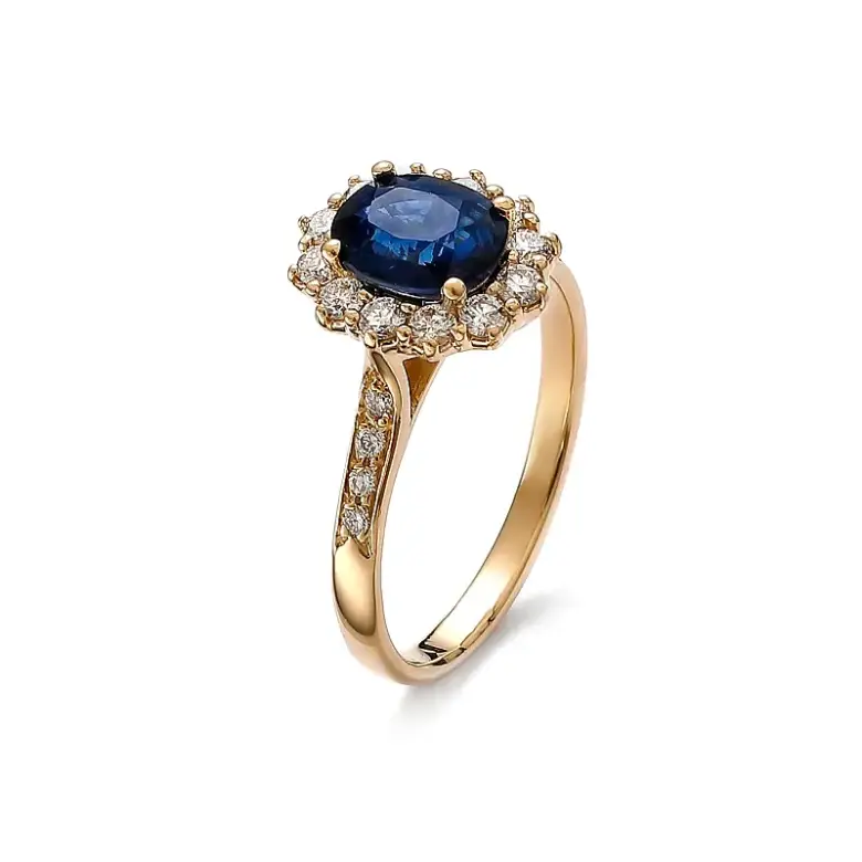 Złoty pierścionek zaręczynowy z szafirem i diamentami